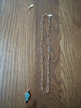 Two Elizabeth Stone necklaces. One gold and turquoise, one gold chain.
